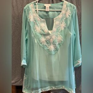 Soft Surroundings Light Blue Tunic with White Embroidery. Brand new W/O Tags.